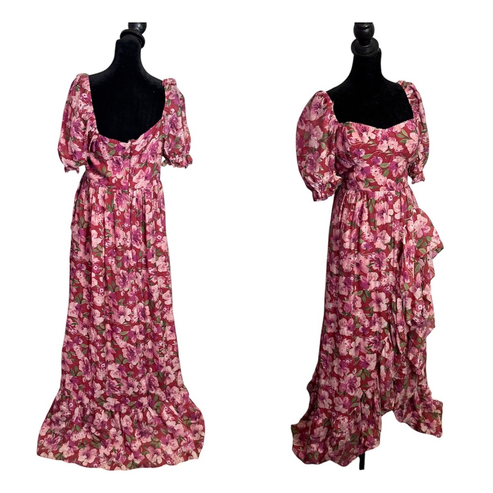 Floral Ruffle Maxi Dress Women L Sweetheart Neck Puff Sleeve Cottage Romantic